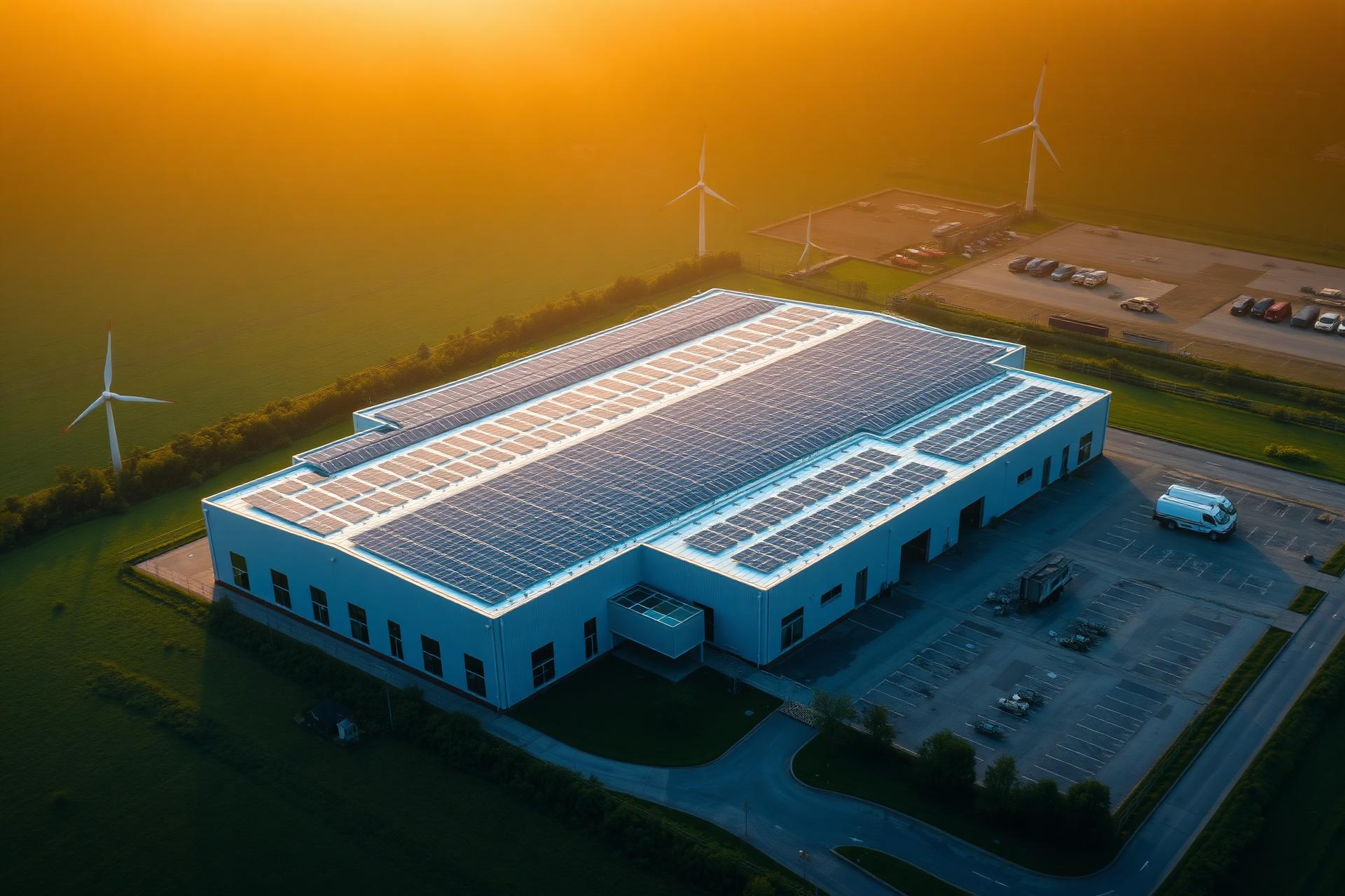Aerial view of a UK commercial building with rooftop solar panels surrounded by countryside