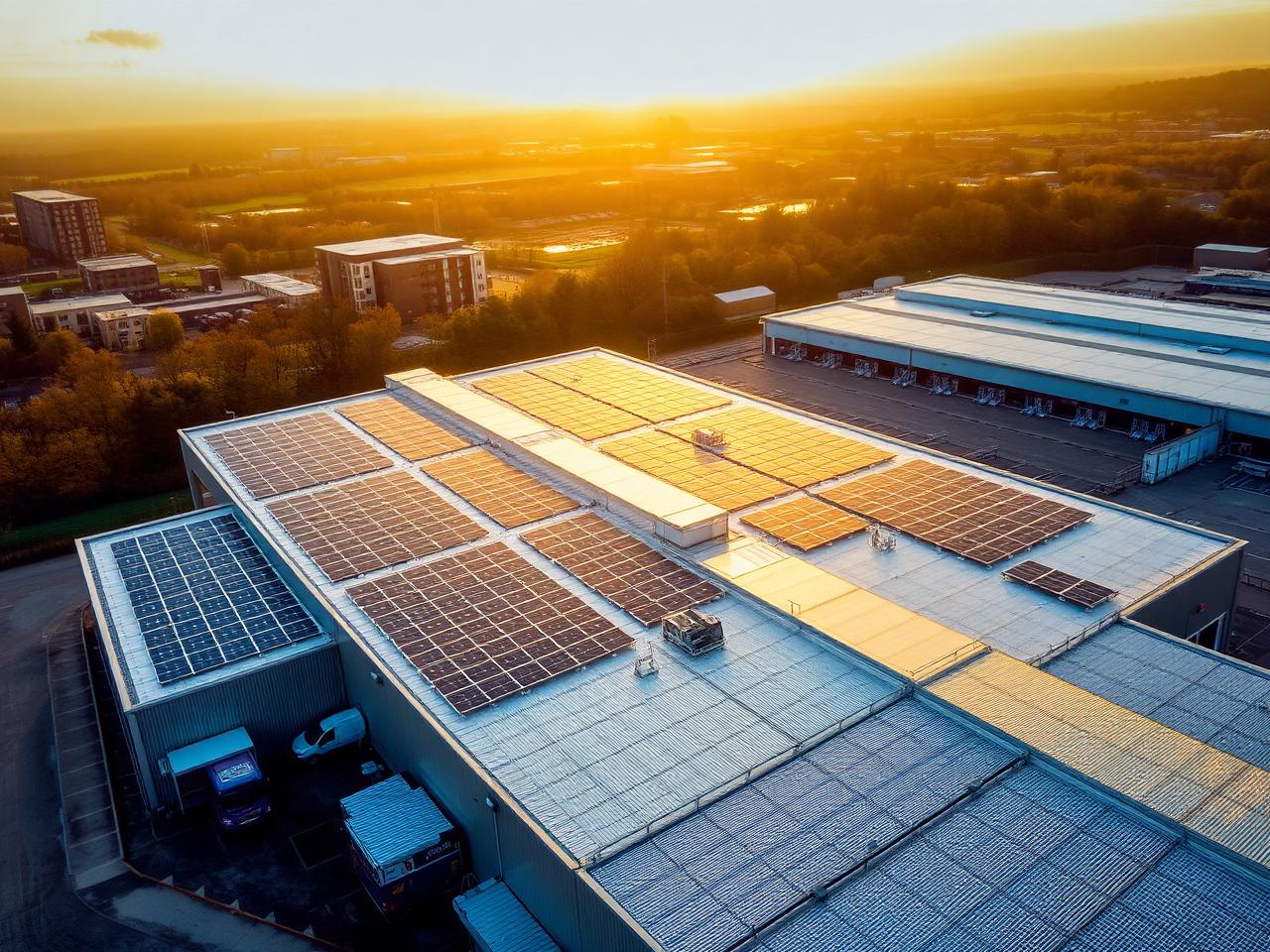 Aerial view of a UK commercial warehouse rooftop covered with solar PV panels at golden hour